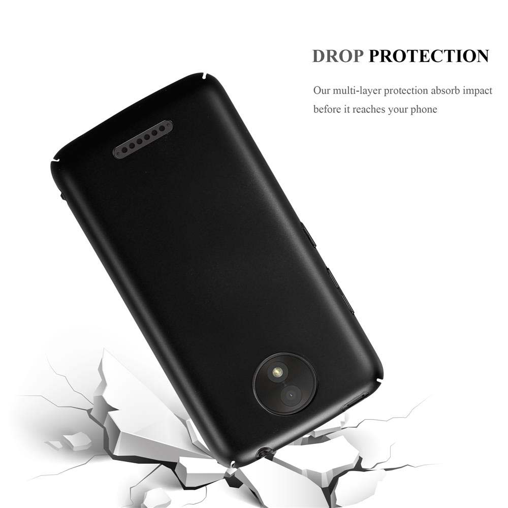 Schwarze Handyhülle, schräg, Risse darunter. Text: Drop Protection.