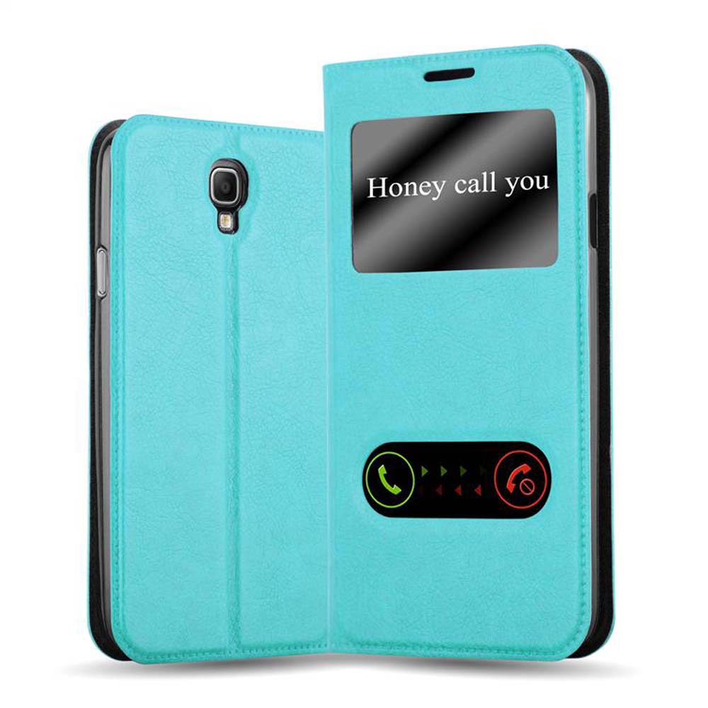Funda de teléfono turquesa. El teléfono está en la funda. La funda tiene una ventana para la pantalla del teléfono. Texto: Honey call you.