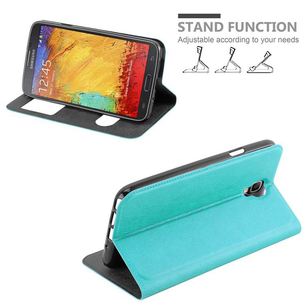Teléfono en una funda turquesa, con función de soporte. El teléfono muestra la hora. La funda está plegada.