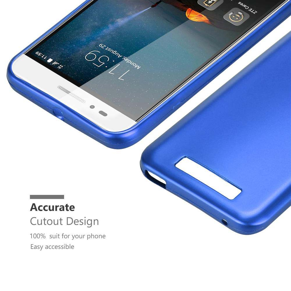 Blaue Handyhülle auf weißem Hintergrund, mit Telefon, das einen Bildschirm zeigt, und Text über das Design.