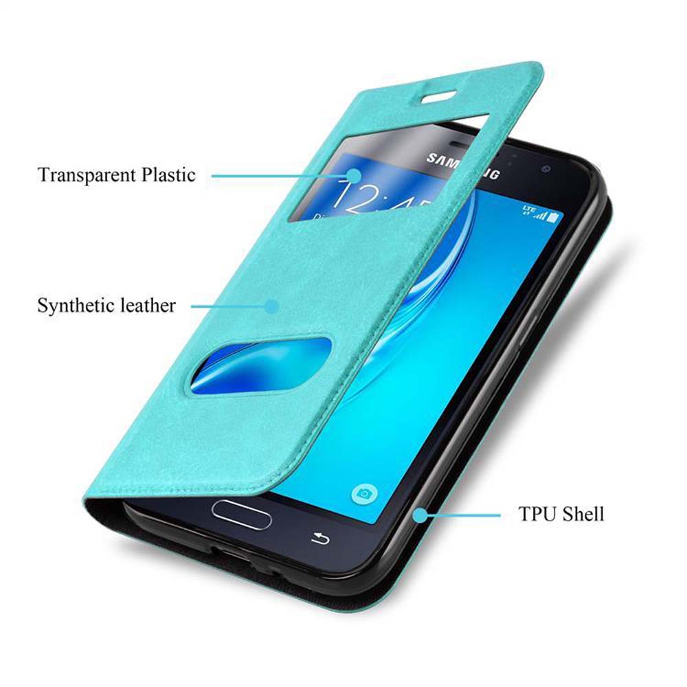 Custodia per telefono blu con una copertura trasparente con un telefono all'interno, con etichette che mostrano le parti.