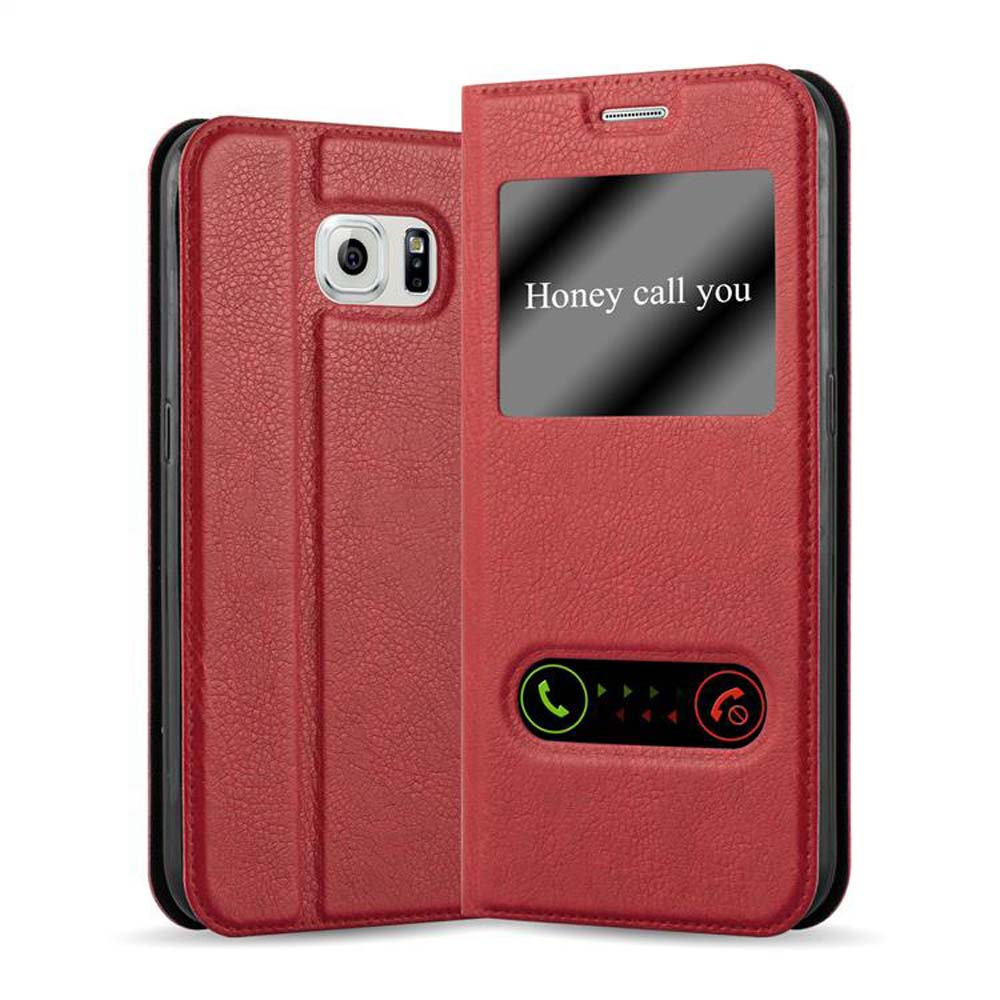 Custodia rossa per telefono, aperta, mostra schermo con testo 'Honey call you'.