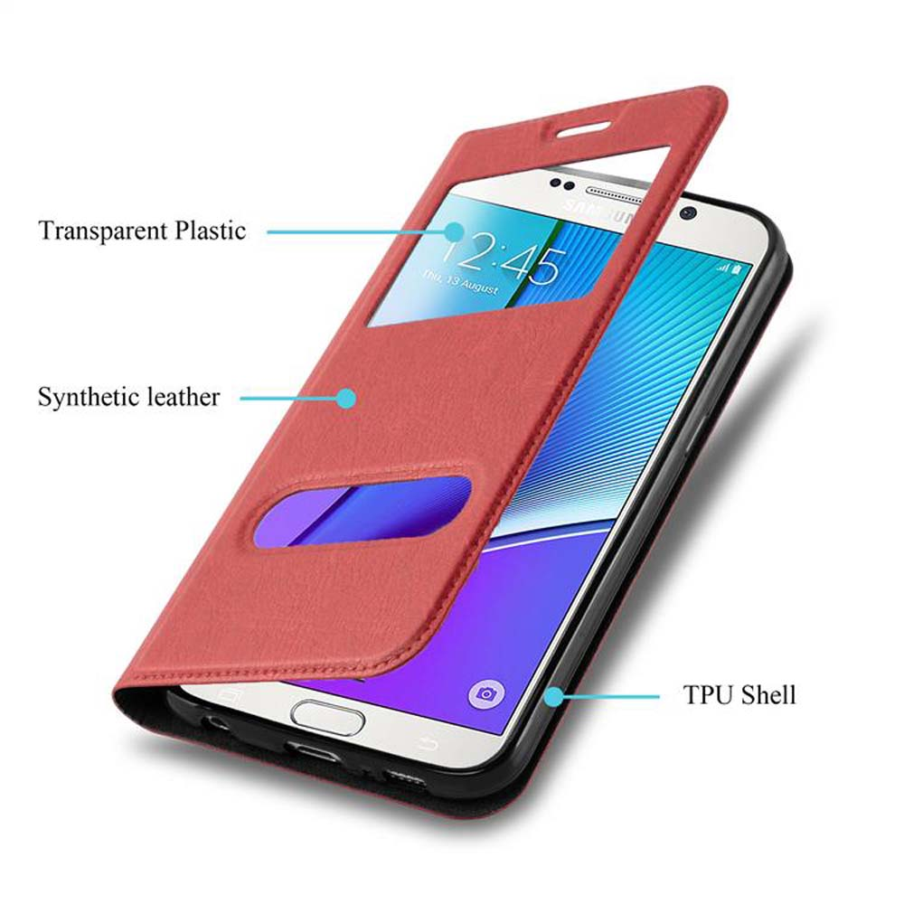 Custodia per telefono rossa con un telefono all'interno. Mostra lo schermo del telefono. Il testo è 'Transparent Plastic', 'Synthetic leather'.
