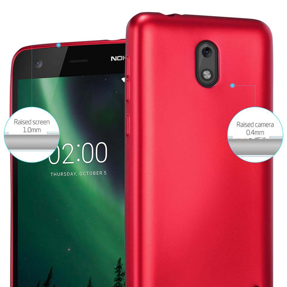 Una custodia per telefono rossa con un telefono nero all'interno. Lo schermo e la fotocamera sono rialzati.