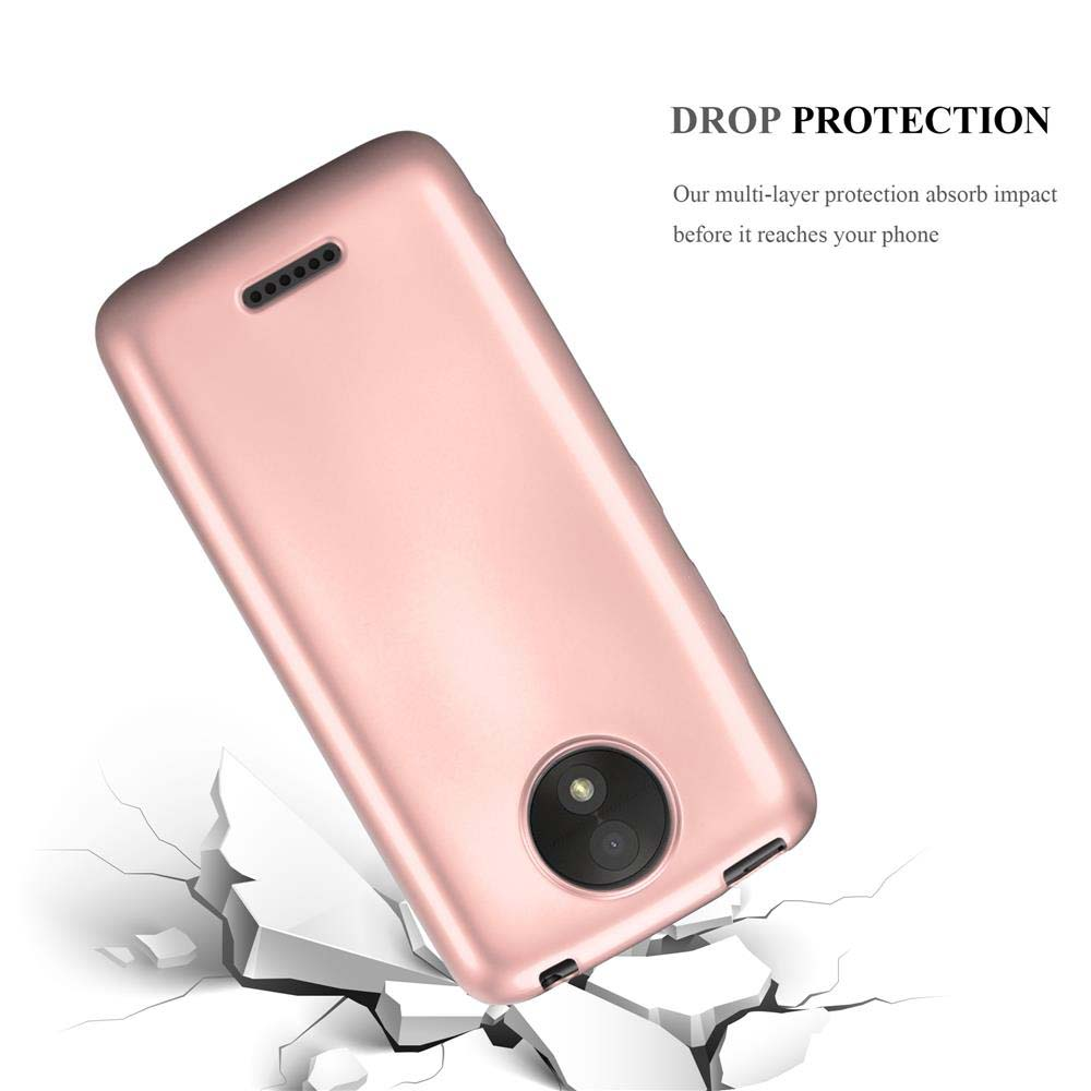 Custodia rosa che cade su superficie rotta. Testo: 'Drop Protection'.