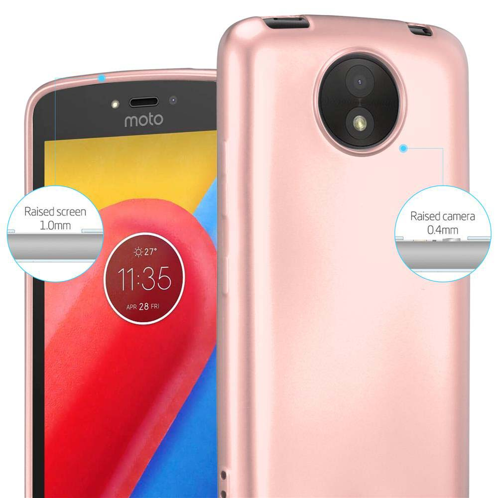 Un telefono e custodia rosa. Il testo dice 'Raised screen' e 'Raised camera'.