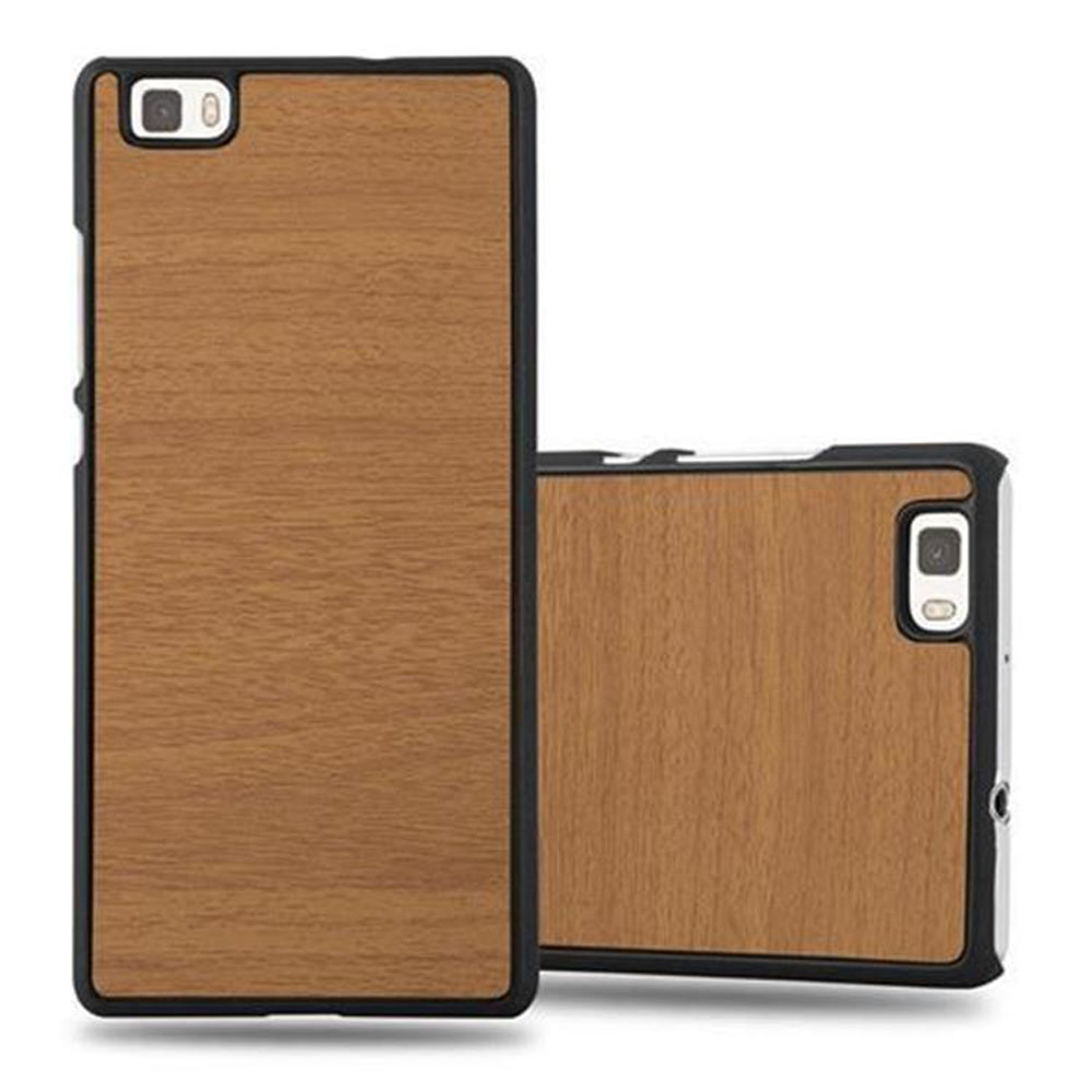 Dos fundas de teléfono de madera. Una de pie, la otra tumbada. Marco negro.