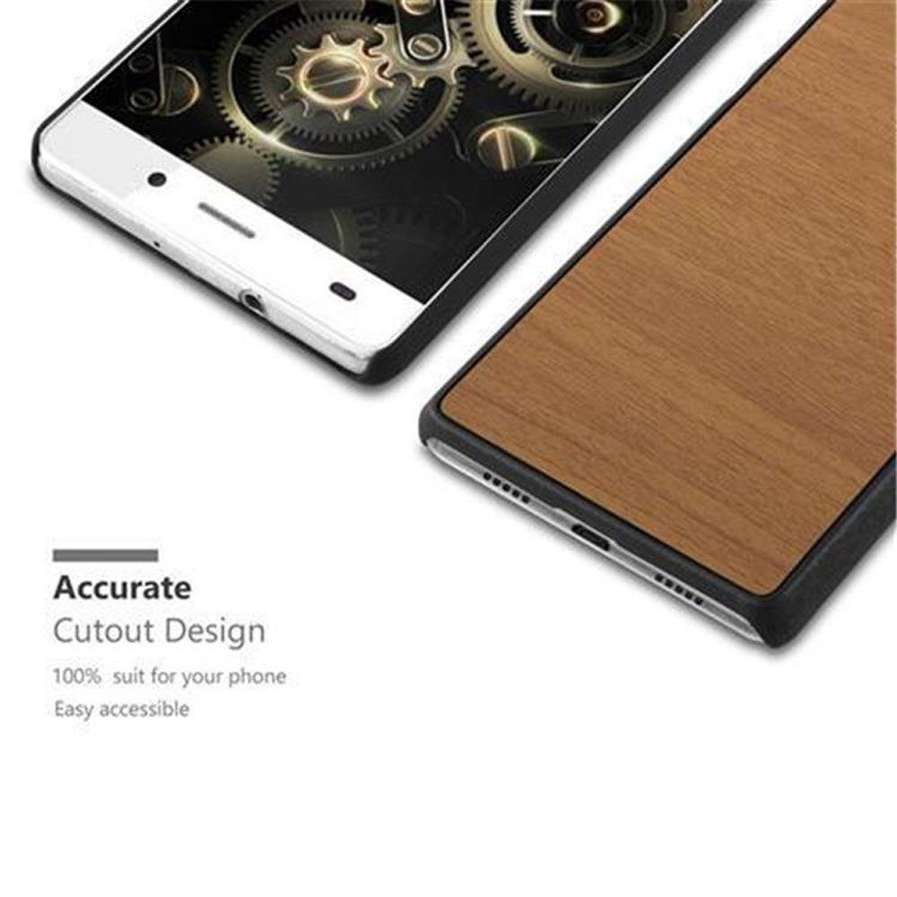 Dos fundas de teléfono, una en un teléfono, mostrando un diseño recortado. La otra es madera.