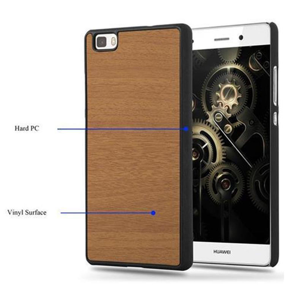 Teléfono y funda de madera. Texto: PC rígido y superficie de vinilo. El teléfono es blanco y tiene engranajes.