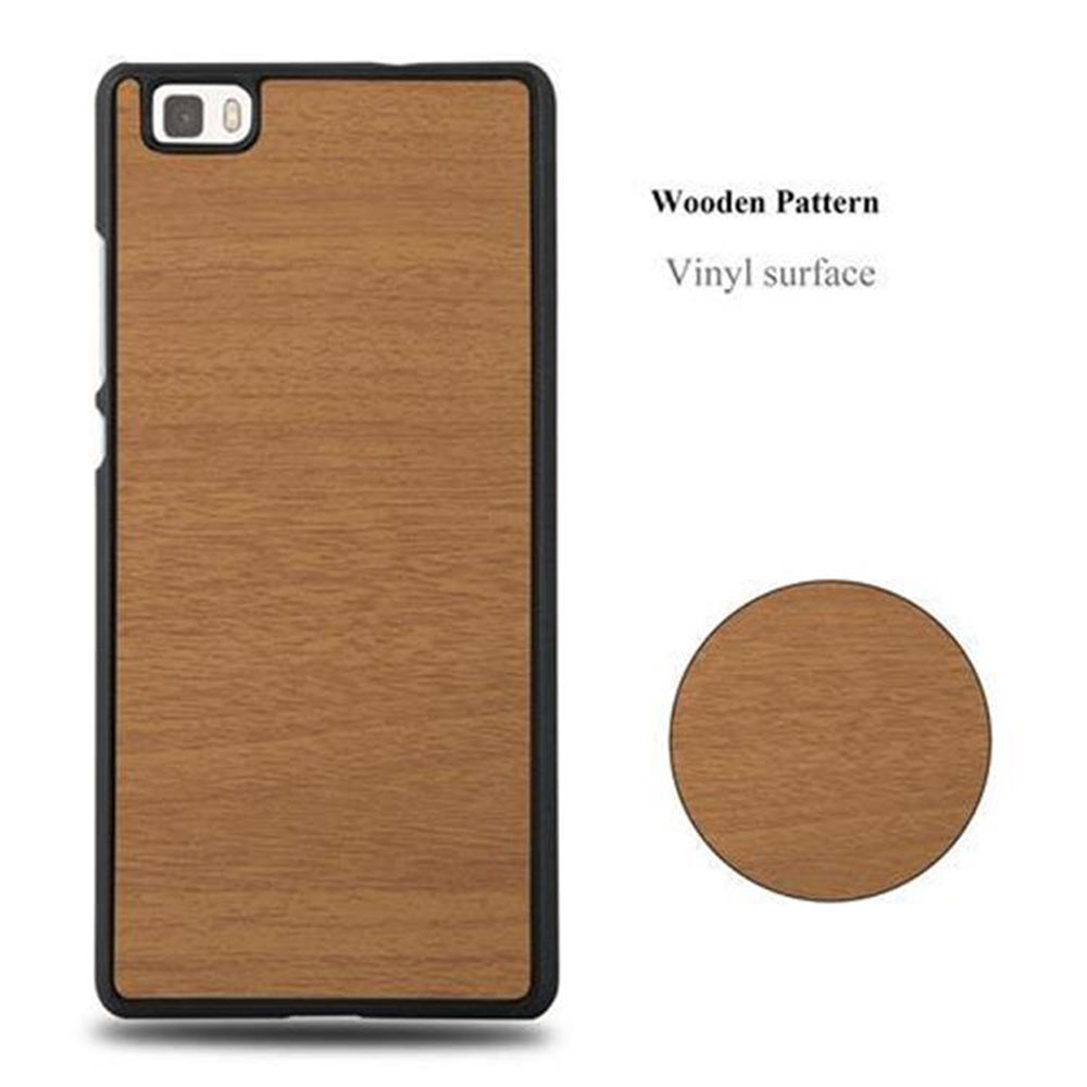 Una funda de teléfono con diseño de patrón de madera, junto con una muestra circular, que muestra la textura.