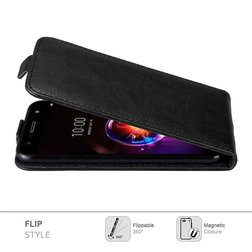 Custodia per telefono nera a libro, con un telefono che mostra uno schermo. Ha uno stile a libro e una chiusura magnetica.