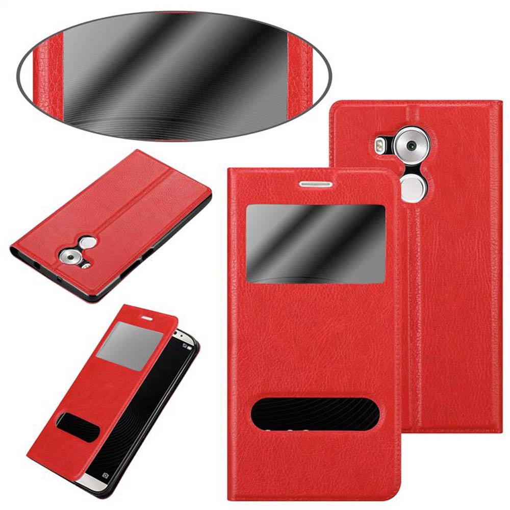 Custodia per telefono rossa con diverse viste. Include un telefono all'interno della custodia. Ha una finestra.