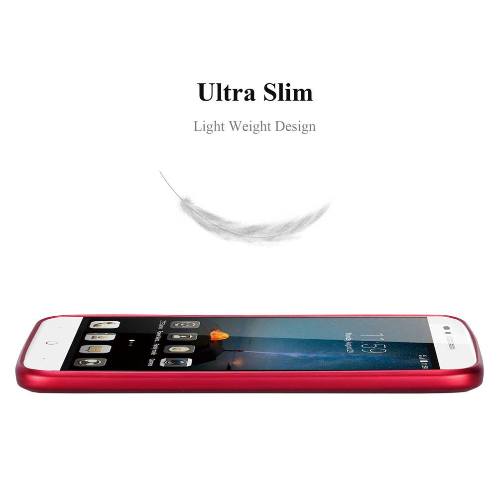 Rotes Telefon auf weißem Hintergrund, mit Federgrafik. Der Bildschirm des Telefons zeigt die Uhrzeit an. Ultraschlankes Design.