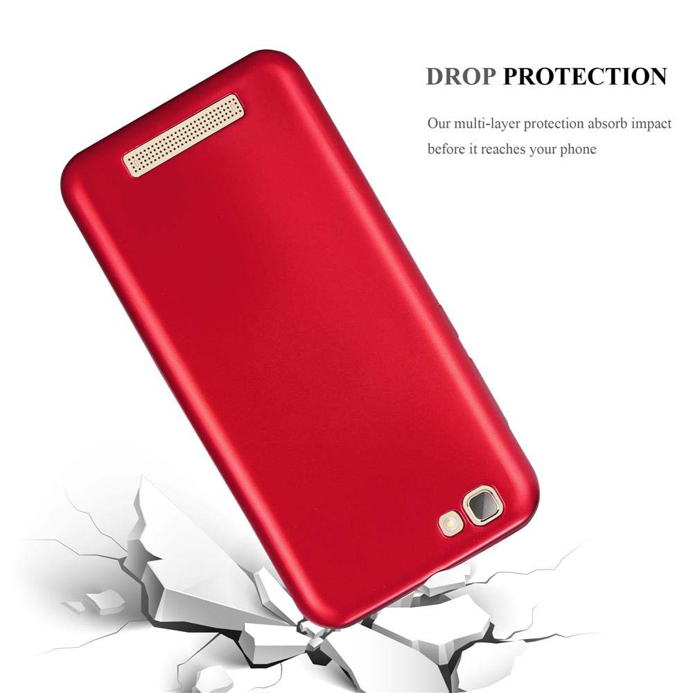Rote Handyhülle in der Luft. Der Text lautet 'Drop Protection' und 'Our multi-layer protection absorbs impact'.