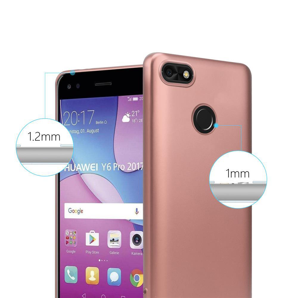 Custodia per telefono oro rosa, con telefono all'interno, che mostra l'ora. Vengono mostrati i dettagli dello spessore.
