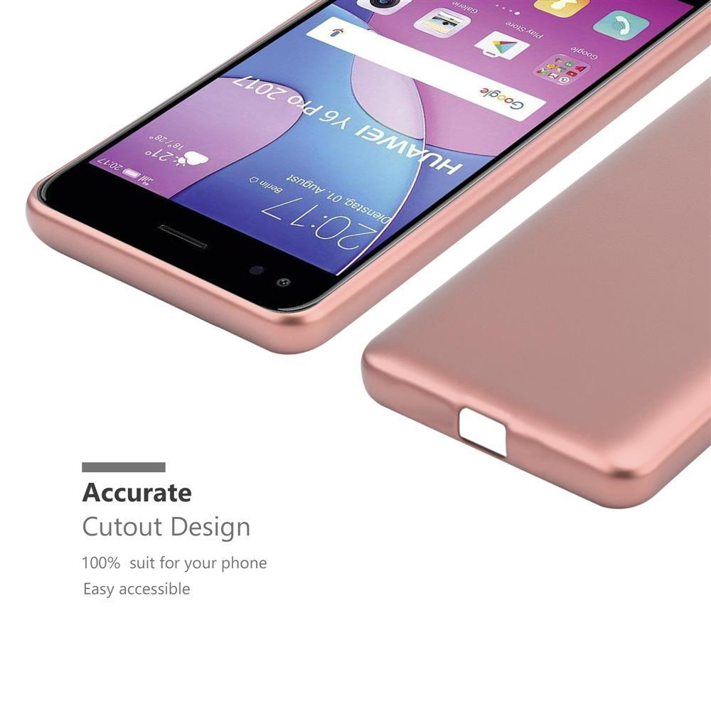Un telefono con custodia oro rosa. Sullo schermo un'app meteo, testo: 'HUAWEI Y6 Pro 2017'.