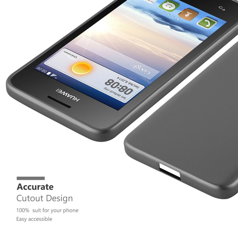 Un telefono Huawei con una custodia grigia. Lo schermo mostra l'ora e altre app. Il testo dice 'Accurate Cutout Design'.