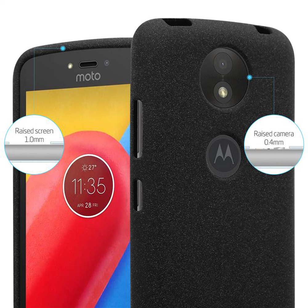 Custodia nera con telefono all'interno. Etichette evidenziano la protezione dello schermo e della fotocamera.