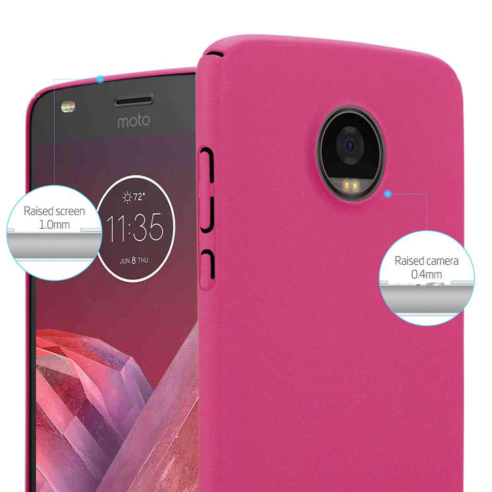 Custodia rosa attorno a un telefono. Mostra lo schermo e una fotocamera. Bolle evidenziano schermo e fotocamera.