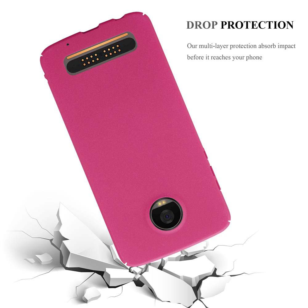 Custodia rosa con impatto di danni. Il testo dice: Drop Protection, Our multi-layer protection.