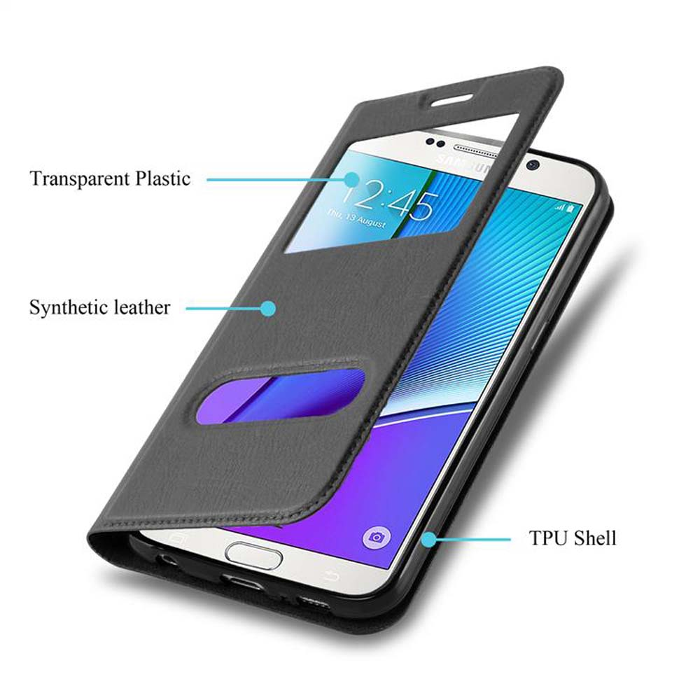 Graue Handyhülle offen, Handybildschirm sichtbar. Text: Transparent Plastic, Synthetic leather, TPU Shell.