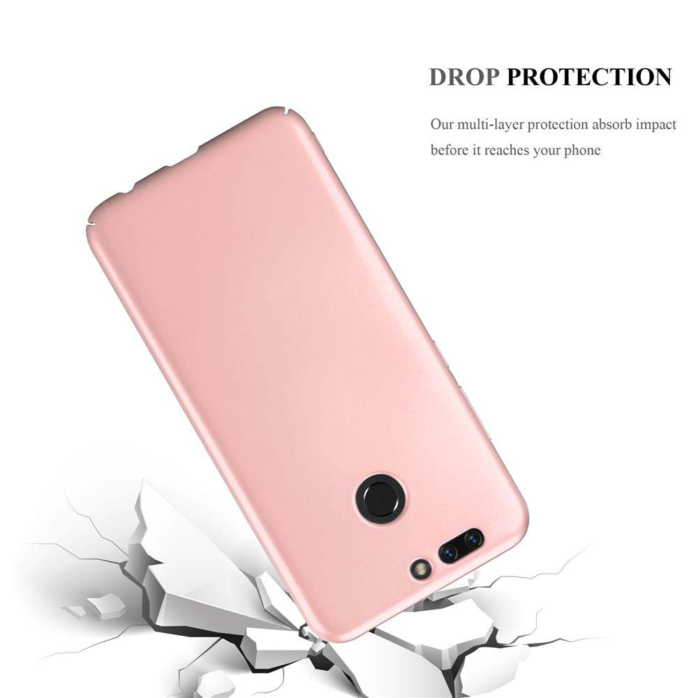 Custodia rosa per telefono che cade su un terreno incrinato. Testo: Protezione dalle cadute, assorbe l'impatto.