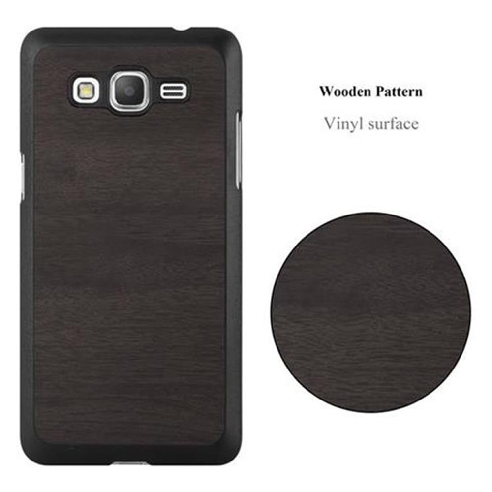 Custodia nera con motivo legno e cerchio campione.