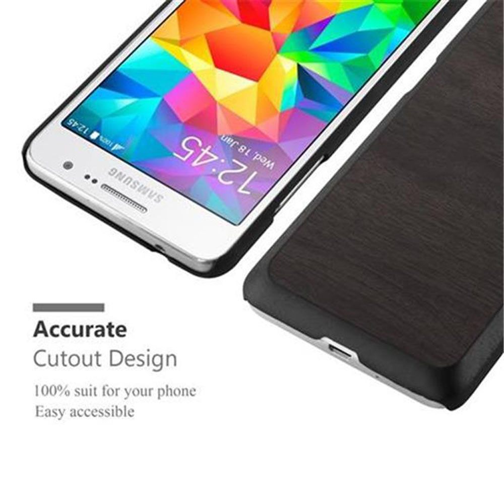Un telefono bianco con schermo colorato accanto a una custodia in legno scuro.