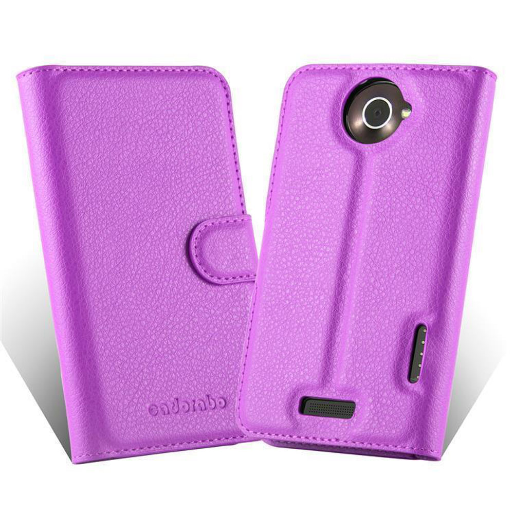 Custodia viola per telefono aperta, che mostra il telefono, con chiusura.