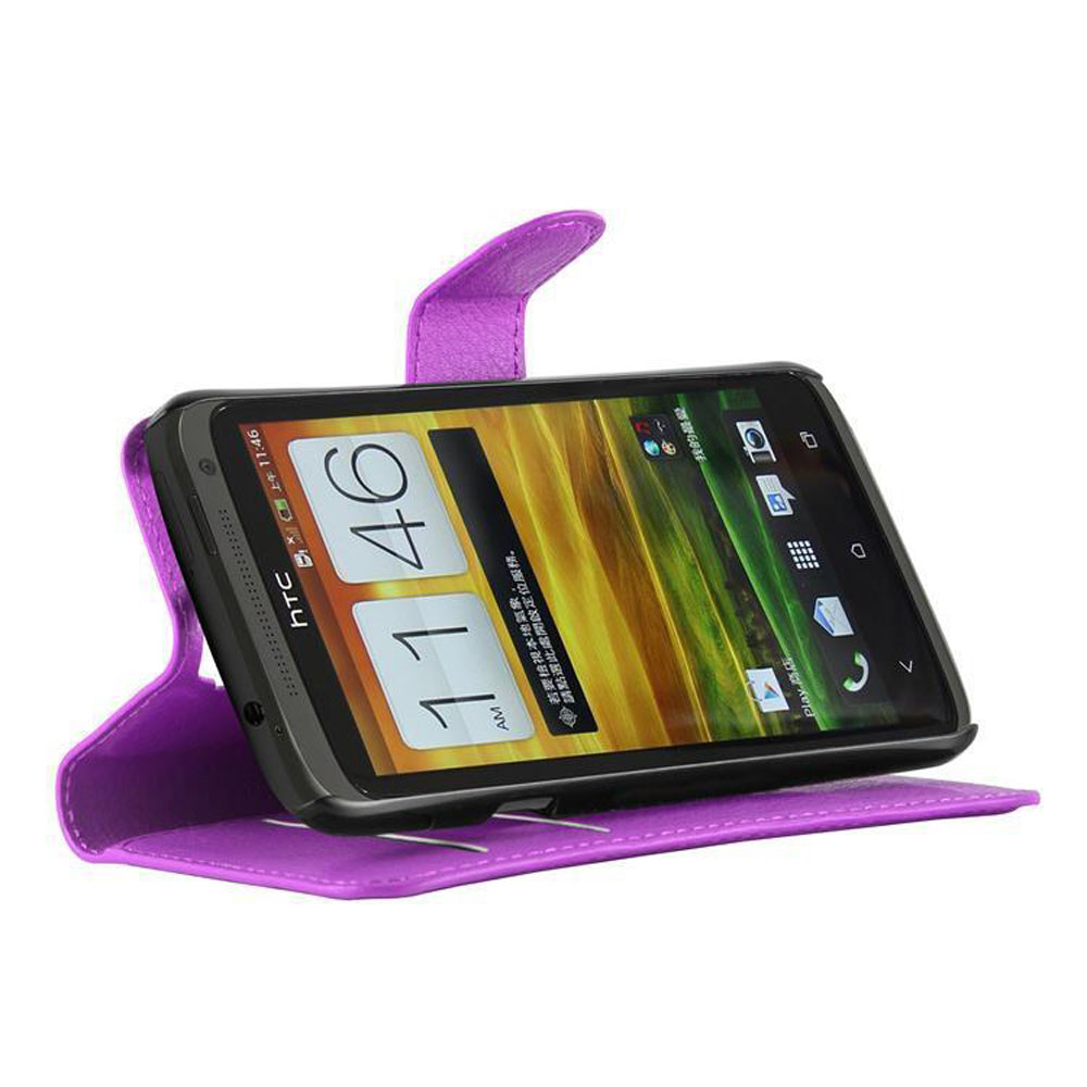 Lo schermo del telefono mostra le 11:46 AM. È in una custodia a portafoglio viola.