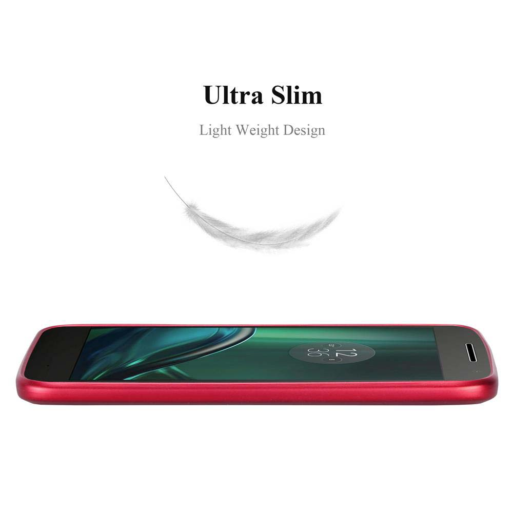 Un telefono rosso con una custodia. Il telefono è in basso. Il testo dice ultra sottile e leggero.