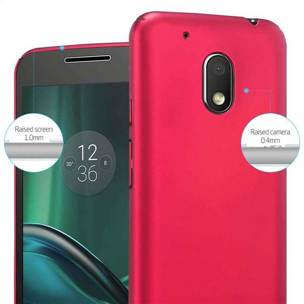 Telefono e custodia rossi con etichette. Schermo e fotocamera rialzati evidenziati.