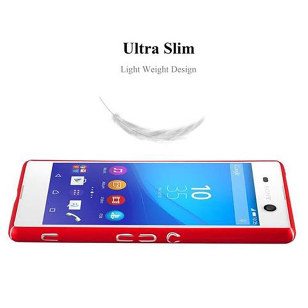 Teléfono rojo sobre fondo blanco. Texto 'Ultra Slim' y 'Light Weight Design' con pluma.