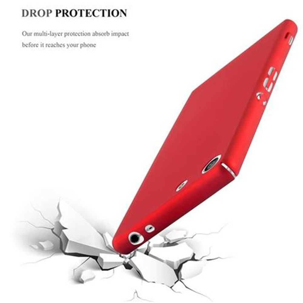 Una funda roja para teléfono que se cae, con una superficie destrozada debajo.