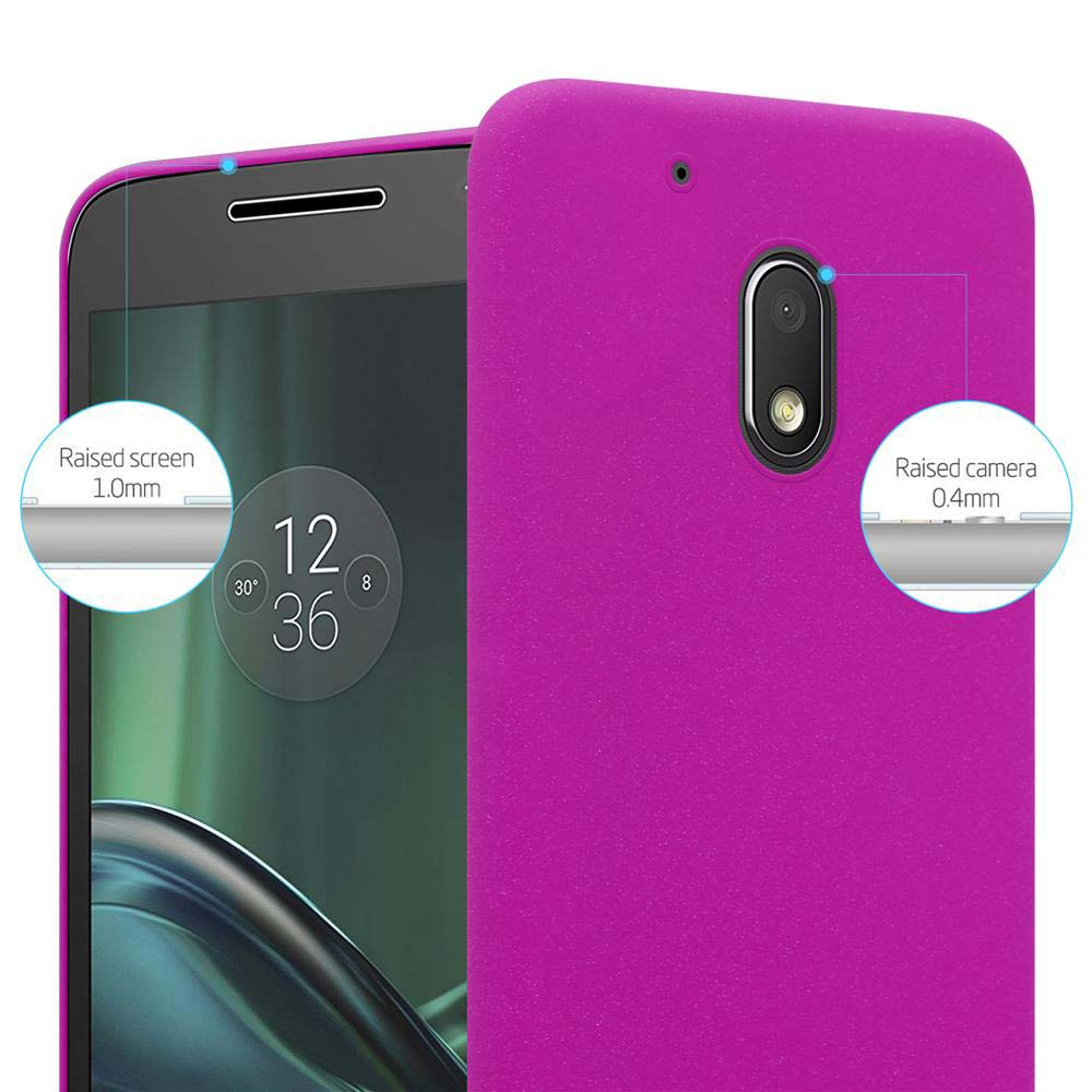 Una custodia magenta per telefono con un telefono all'interno, che mostra i dettagli dello schermo e della fotocamera.