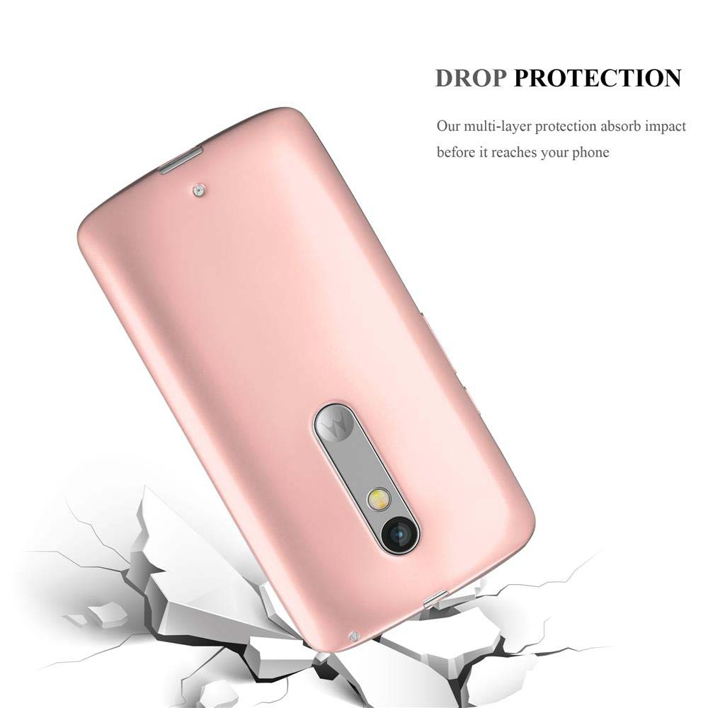 Eine pinkfarbene Handyhülle, die geneigt ist, mit Rissen darunter. Das Bild hebt den Fallschutz für das Telefon hervor.