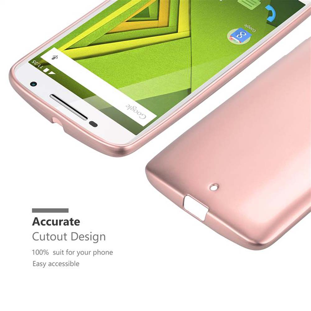 Roségoldenes Telefon mit Handyhülle. Die Hülle ist auch roségold.