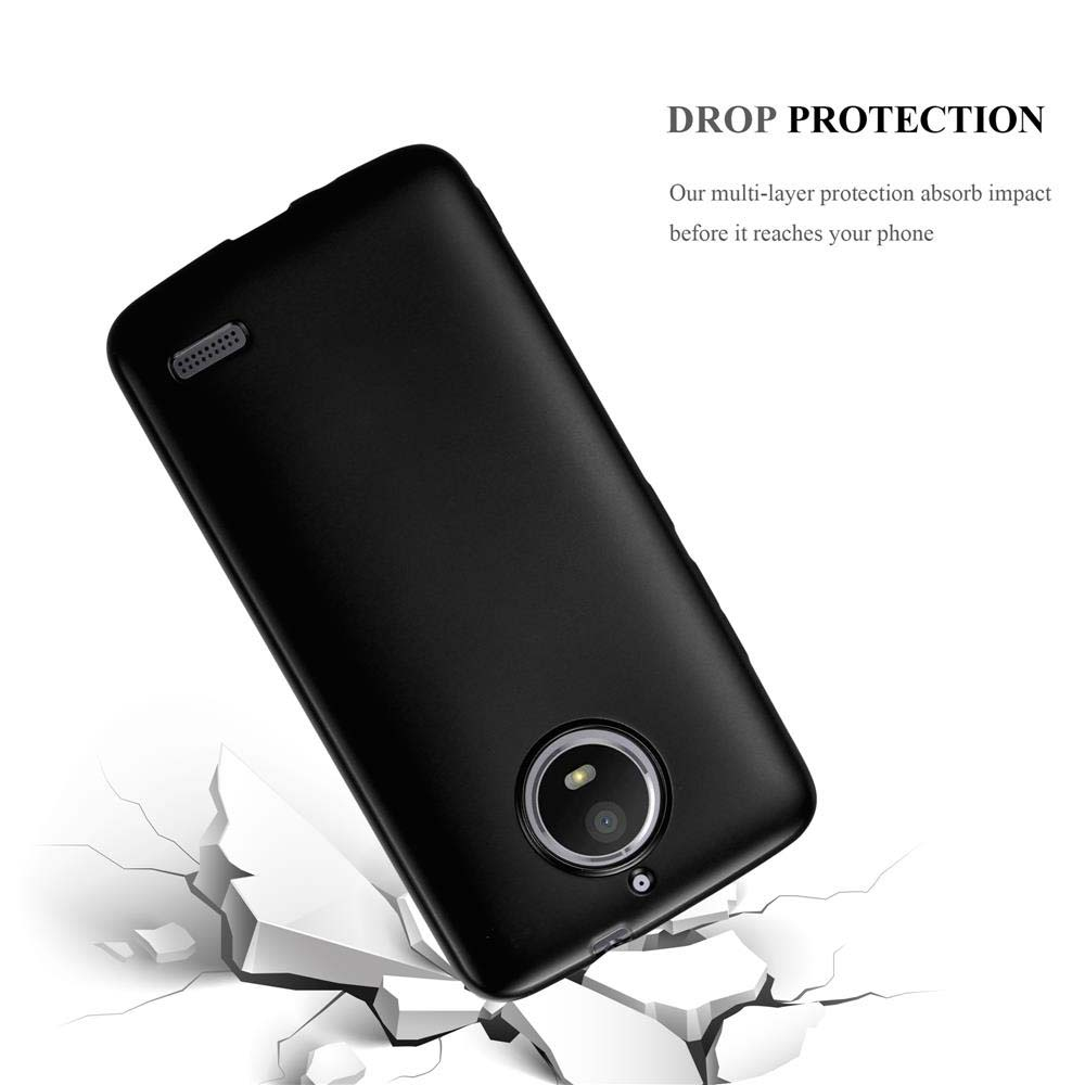Custodia per telefono nera che cade, rompendo una superficie. Il testo dice 'DROP PROTECTION' e assorbimento.