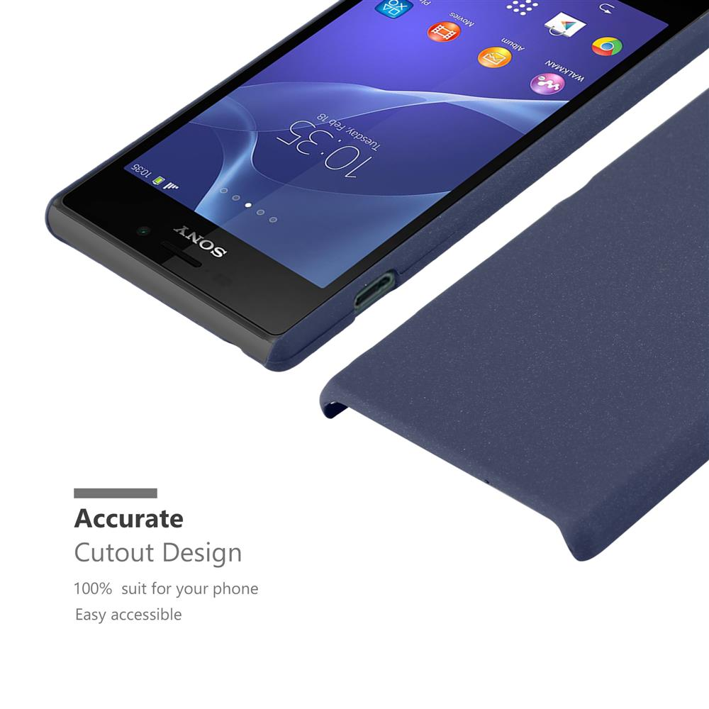 Custodia e telefono blu. Il telefono mostra l'ora. Sfondo bianco, testo pubblicitario.