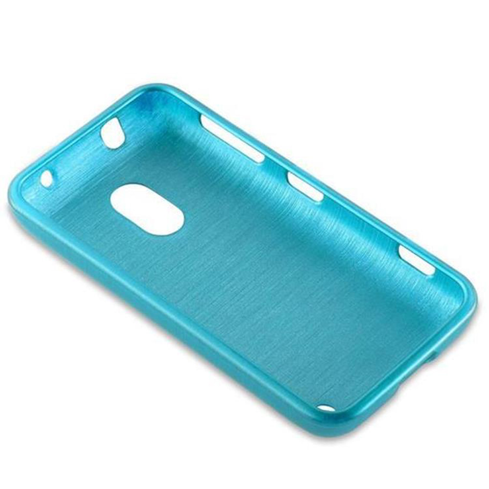 Custodia per telefono blu. Ha ritagli per la fotocamera, i pulsanti e le porte. La custodia è vuota.