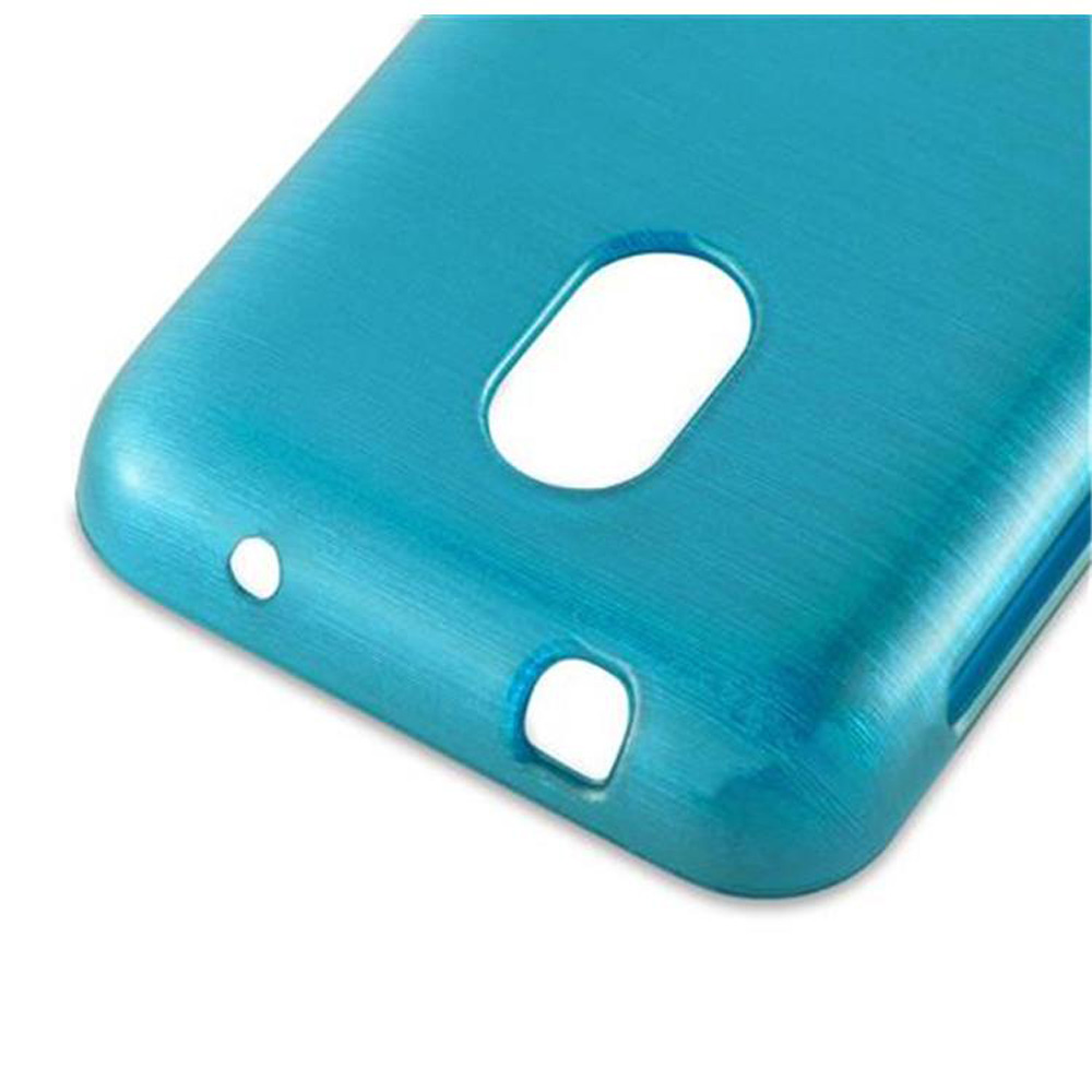 Primo piano di una custodia blu per telefono. Ha fori per un pulsante e un caricatore. La custodia ha una superficie strutturata.