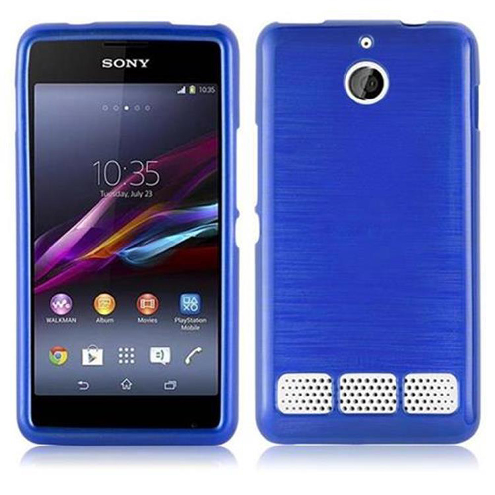 Se muestra una funda de teléfono azul con un teléfono. La pantalla del teléfono es visible. El fondo es blanco.