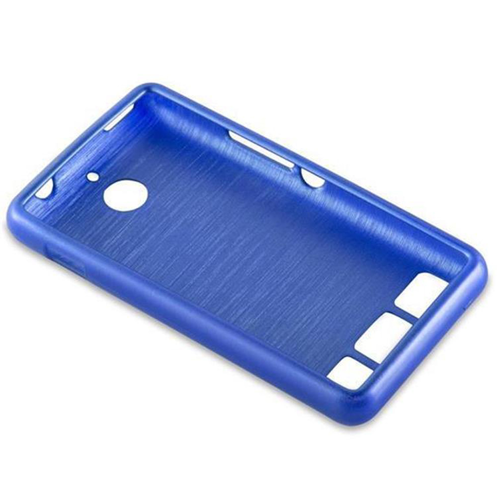 Funda de teléfono azul. Es una funda vacía con recortes para las funciones del teléfono.