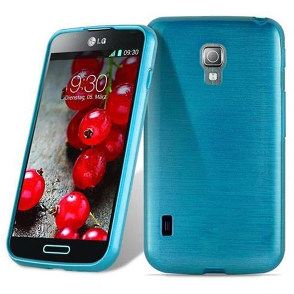 Blaue Handyhülle mit Telefon, zeigt Obst und Zeitanzeige.
