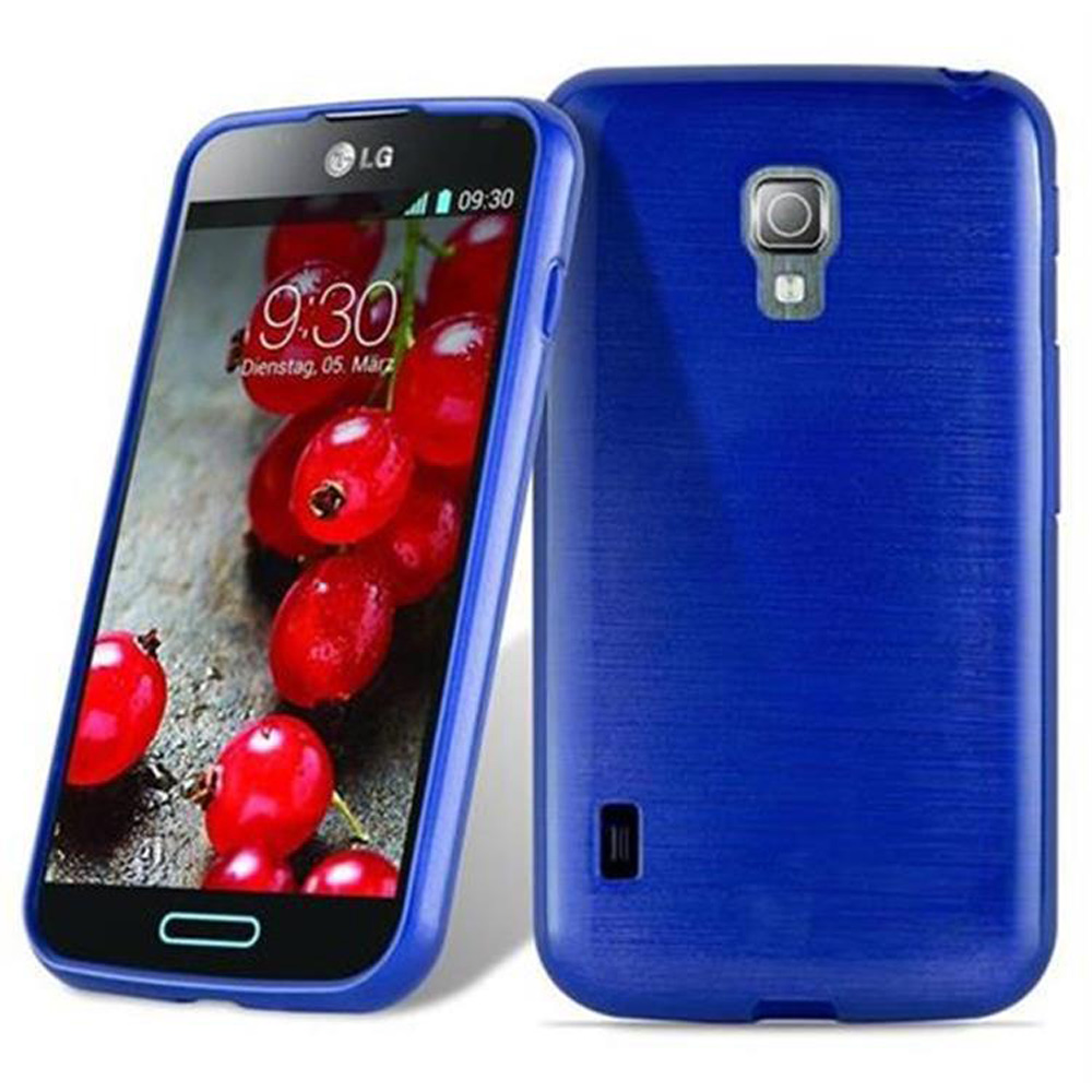 Ein Telefon mit blauer Hülle, das ein Bild mit roten Früchten zeigt, daneben eine blaue Hülle.