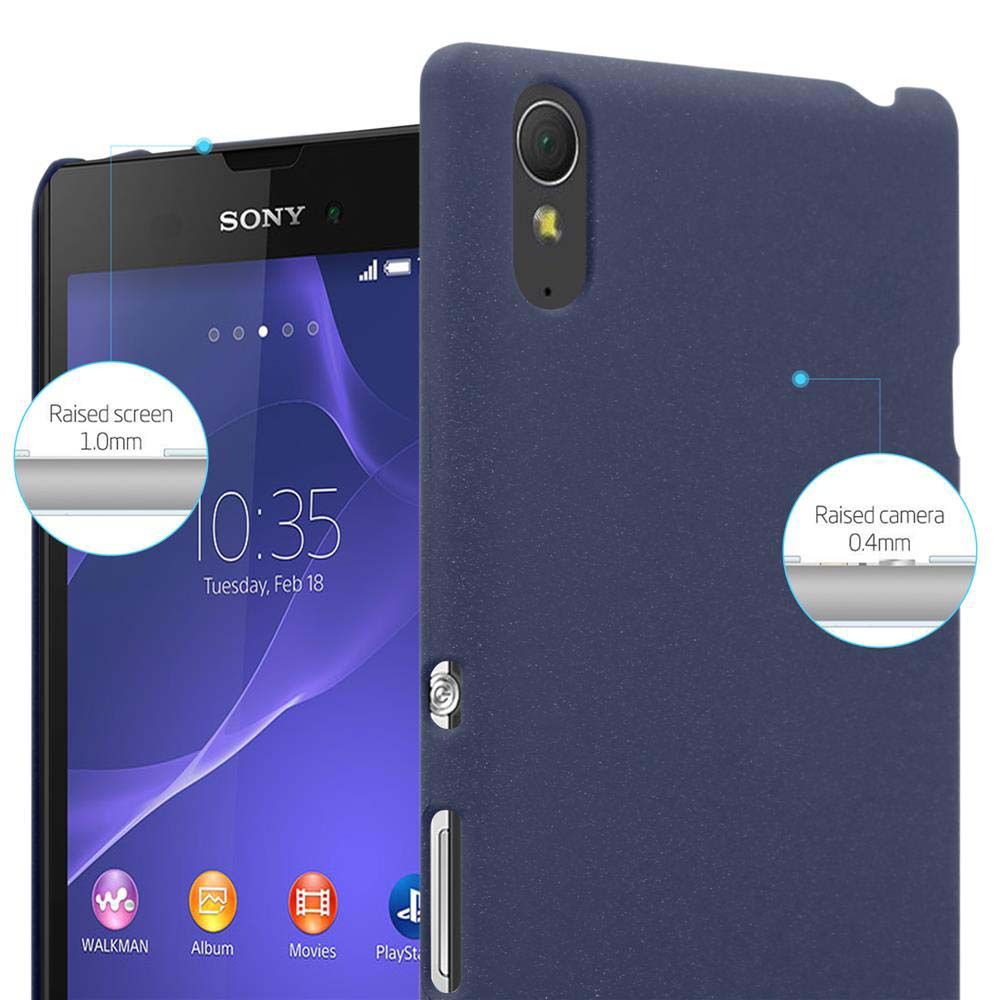 Blaue Handyhülle auf Weiß. Zeigt Details zu erhöhtem Bildschirm und Kamera. Das Telefon ist von Sony.