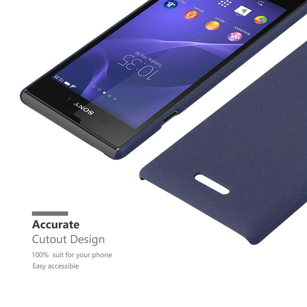 Blaues Telefon mit blauer Hülle. Text: Genaue Aussparungsdesign, 100% passend für Ihr Telefon.