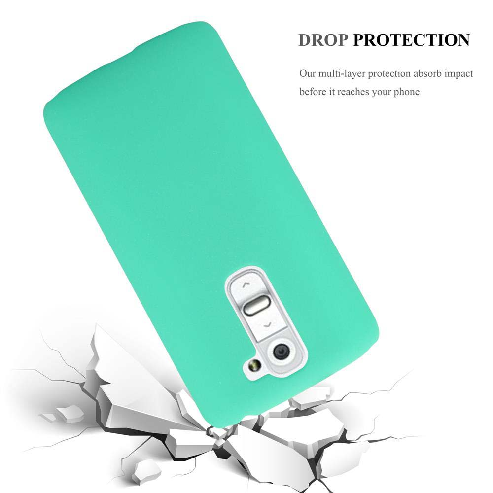 Una custodia verde con crepe sottostanti. Testo: 'DROP PROTECTION'. Un telefono è nella custodia.