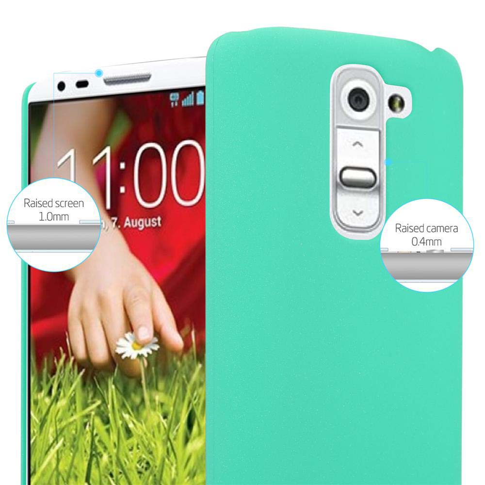Un telefono in una custodia verde menta. La custodia ha una protezione rialzata per schermo e fotocamera.
