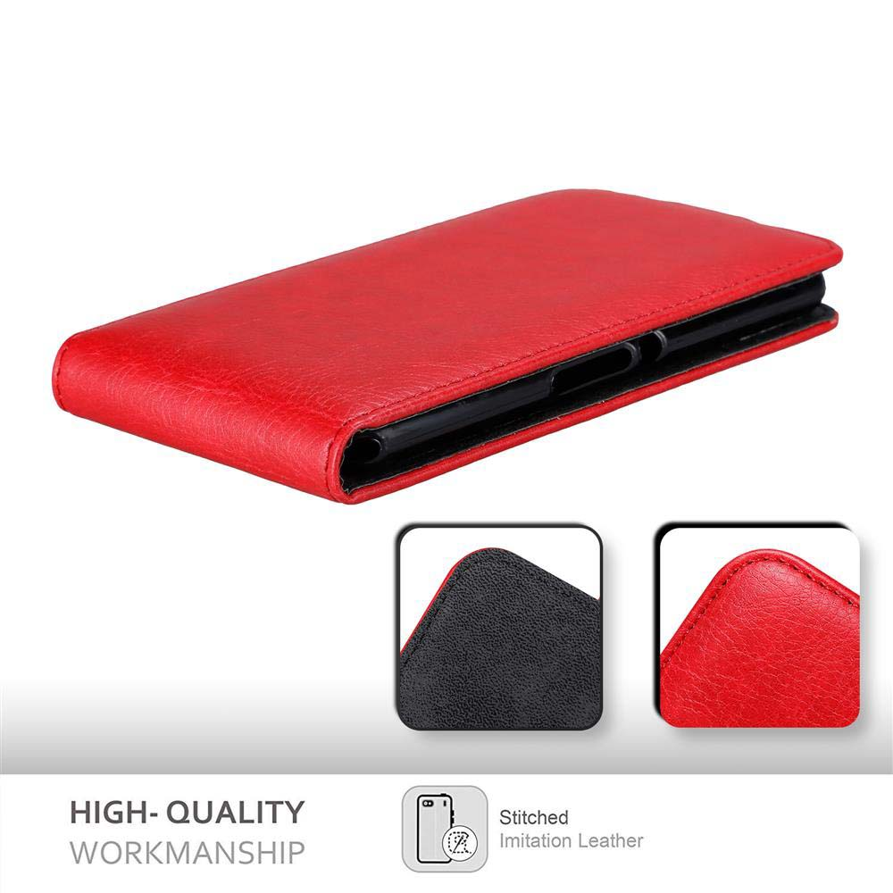 Rote Leder-Handyhülle, offen, mit Telefon.